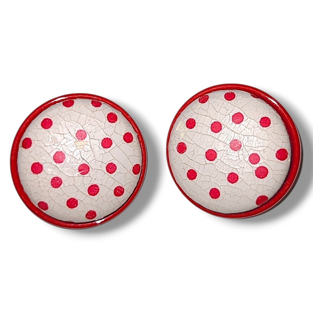 Vintage 80s Red Polka Dot Earrings Large Round‎ Button Clip On Retro Bold